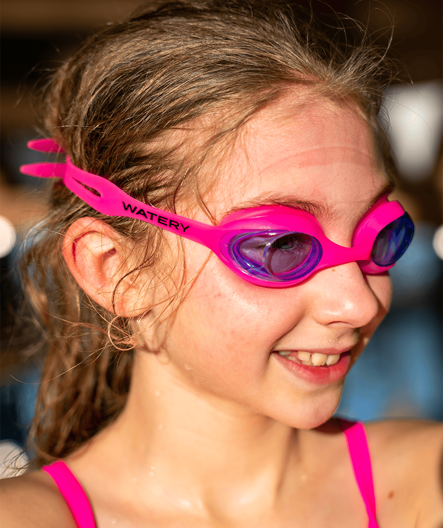 Watery nearsighted prescription swim goggles for kids - (-1.0) to (-6.0) - Matira - Pink/blue