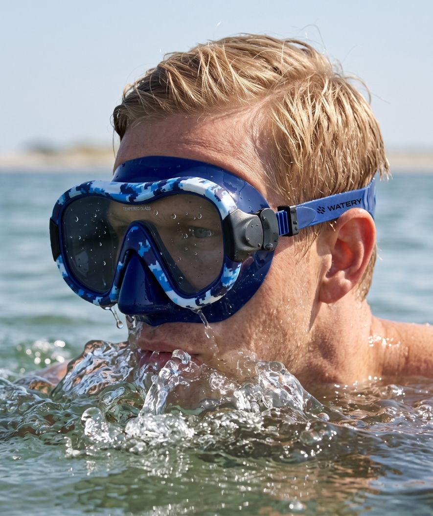 Watery diving mask for adults (from 12 years) - Rudder Camo - Dark blue