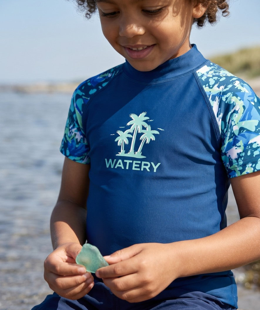 Watery UV-shirt for kids - Katsu Short Sleeve Rashguard - Light blue/dark blue