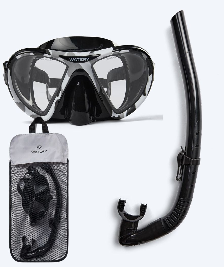 Watery Combo snorkel set for adults (from 15 years) - Rudder Camo/Itzel - Black