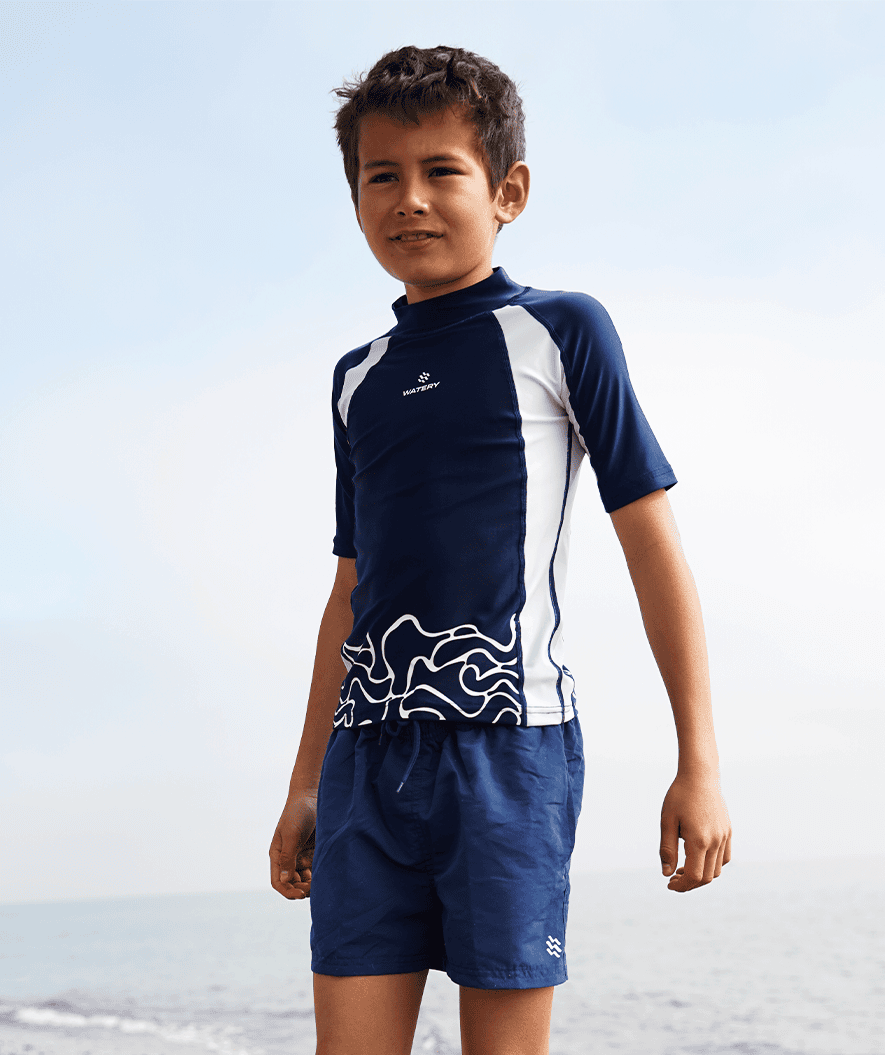 Watery UV shirt for kids - Chilton Short Sleeved Rashguard - Dark blue/white