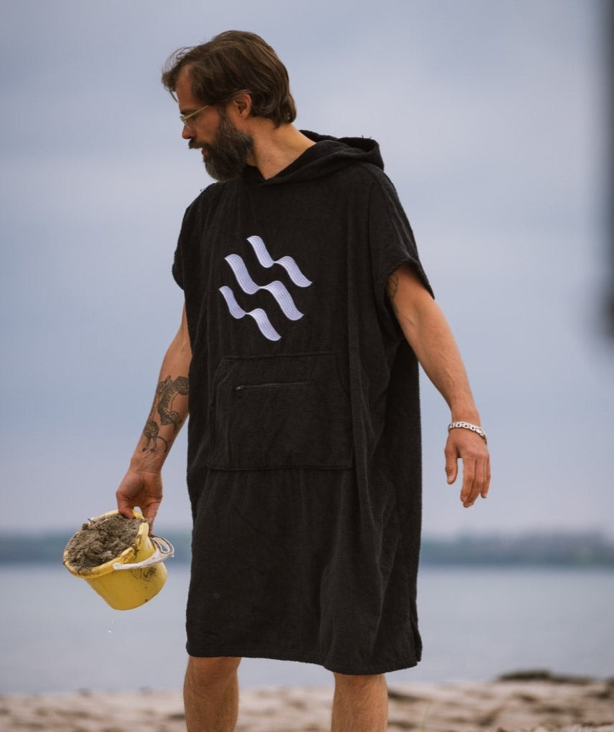 Watery bathing poncho for adults - Cotton - Black