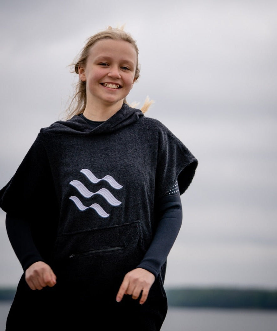 Watery bathing poncho for junior (6-15) - Cotton - Black