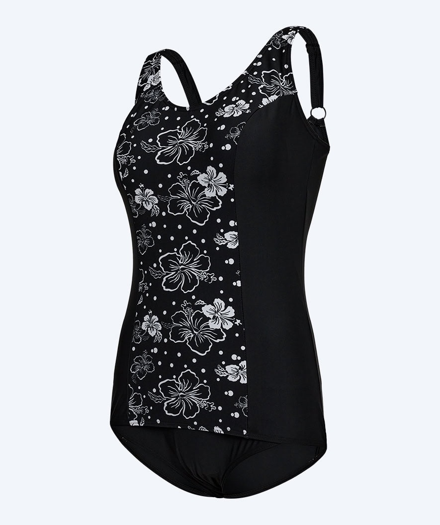 Watery swimsuit plus size for women with flowers - Vale - Black/White